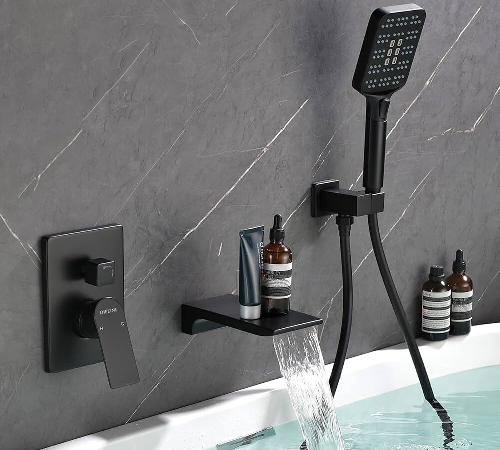 Modern bathtub faucets with hand shower and waterfall spout exported by QuickExim.