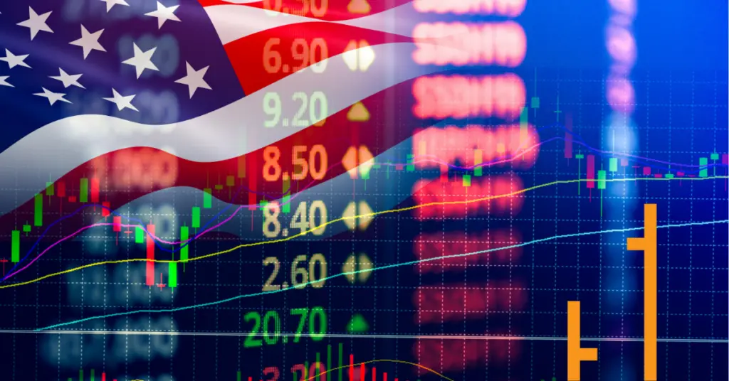 U.S. trade market trends with American flag and stock market chart