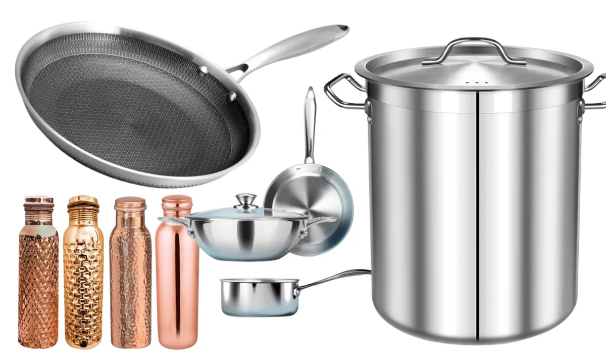 Stainless steel cookware and copper water bottles imported from India by Quick Exim.